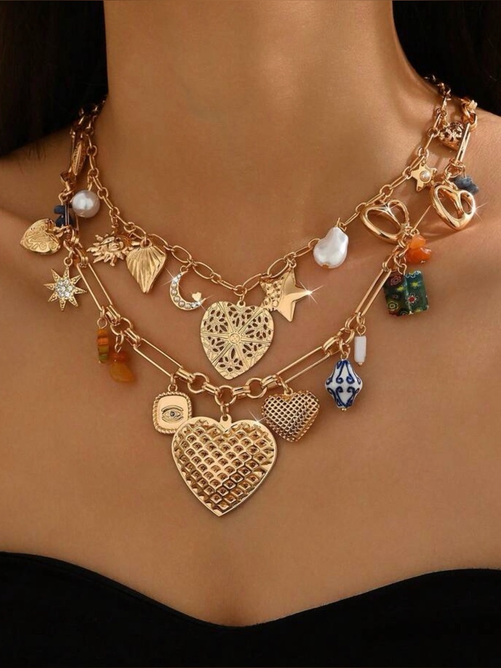 Free People Gold Multi-Charm Heart Layered Necklace